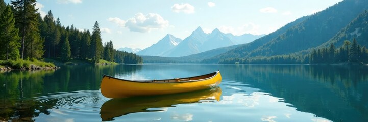 Naklejka na meble Empty yellow canoe drifting on a serene lake in the midst of tall pine trees and distant mountains, distance, empty, lake