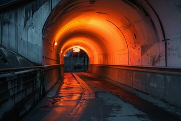 Poster - Wet asphalt road with orange lights in an empty tunnel at night