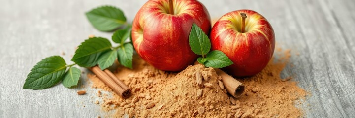 Wall Mural - Fresh red apple placed next to aromatic cinnamon stick and ground powder on a wooden surface, healthy, organic, cooking