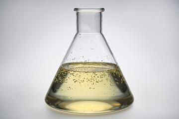 Poster - A glass Erlenmeyer flask contains a pale yellow liquid with visible bubbles.