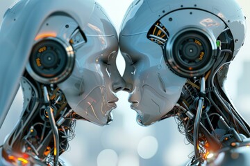 Poster - Two futuristic robots are touching their faces, suggesting a unique form of connection and intimacy in a technologically advanced world