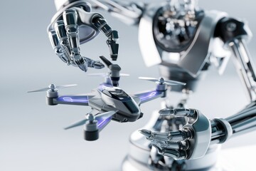 Poster - A robotic arm carefully handles and positions a futuristic drone, showcasing advanced automation technology.