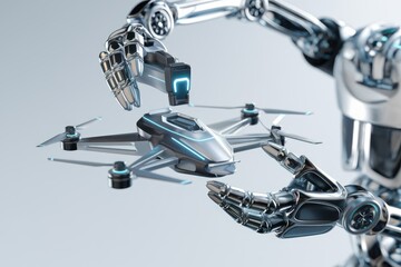 Poster - A robotic arm carefully handles and inspects a futuristic drone.