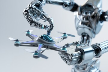 Poster - A robotic arm carefully places a drone, showcasing advanced automation and technological integration.