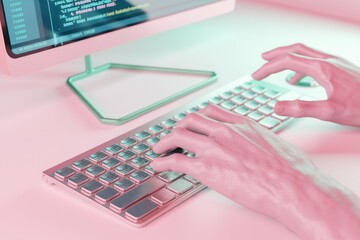 Poster - Hands typing code on a pastel pink keyboard and computer.