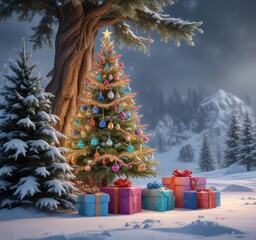 Colorful Christmas tree in a cold and snowy winter landscape with gift boxes and icicles, gift boxes, cold winter landscape