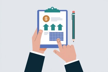 Poster - Hands reviewing financial data on a clipboard showing upward trends and positive financial growth.