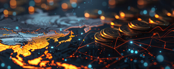Aufkleber - digital illustration of coins over a world map with glowing economic graphs and circuits