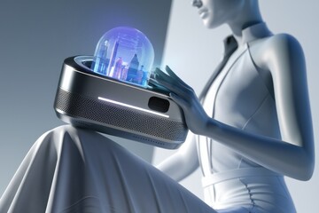 Aufkleber - A futuristic device projects a holographic cityscape, showcasing advanced technology and design.