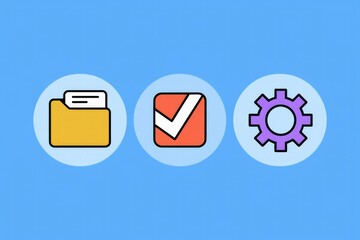 Aufkleber - Illustration of file folder, checkmark, and gear icons representing file management, completion, and settings.