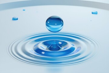 Poster - A single water droplet falls, creating concentric ripples on a serene blue surface.