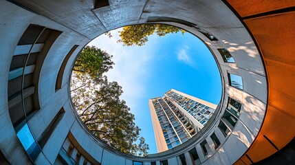 Circular Courtyard, Upward View, Building, Sky, Trees, Urban, Architecture, Fisheye, Design, Brochure