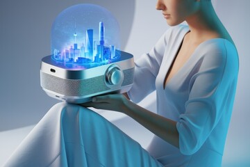 Poster - Woman holding futuristic device displaying holographic city projection.
