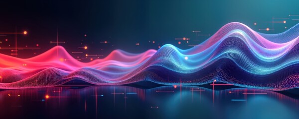 Poster - abstract digital illustration wavy forms with glowing dots, lines. dynamic glowing energy forms futu