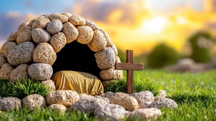 Small cave with rocks and a wooden cross set in a natural landscape surrounded by greenery and trees