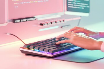 Poster - Person coding on a keyboard with RGB lighting, showcasing software development.