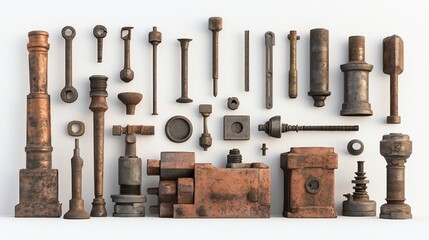 Wall Mural - Rusty industrial parts arranged on white background, studio shot, for mechanical design