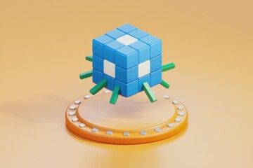 Aufkleber - A 3D rendered blue cube with green appendages levitates above an orange circular platform.