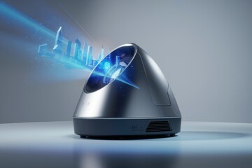 Poster - Futuristic device projects a holographic city skyline, showcasing advanced technology and innovation.