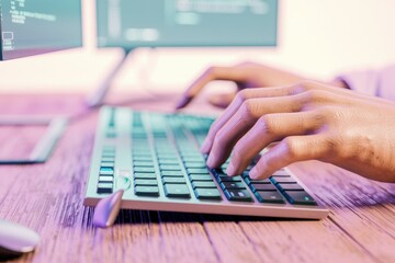 Poster - Close-up of hands typing code on a keyboard in front of computer screens.