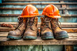 © Butsarakham - Construction boots and hard hats sit on wooden steps, symbolizing safety and readiness in a work environment.
