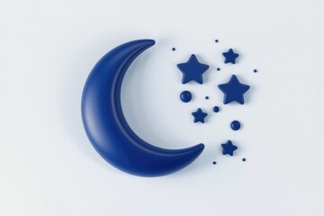 Poster - A crescent moon and stars, 3D rendered, navy blue, minimalist design, night sky concept.