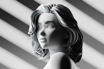 Aufkleber - A grayscale 3D rendering of a woman's head and shoulders, showcasing stylized hair and a serene expression.