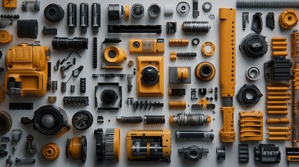 Wall Mural - Yellow & gray machine parts flatlay, studio, exploded view, engineering