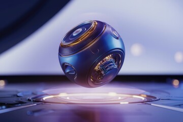 Poster - Futuristic metallic sphere with intricate internal mechanisms, levitating above a glowing surface.