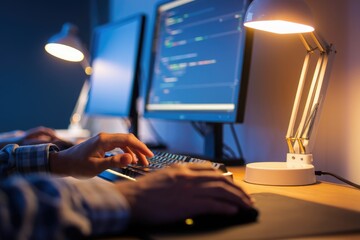 Poster - A programmer's hands actively coding on a keyboard in a dimly lit workspace.