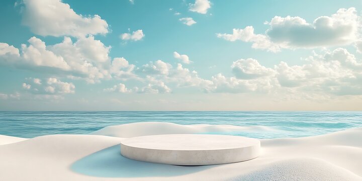 Beach podium summer background sand product 3D sea display platform. Beach podium summer banner stand scene sale sky holiday 