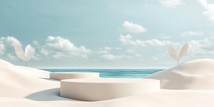 Beach podium summer background sand product 3D sea display platform. Beach podium summer banner stand scene sale sky holiday 