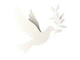 White cutout of a peace dove flying with an olive branch in its beak. Transparent background