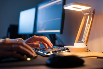 Poster - Person working late at night on computer, illuminated by desk lamp, focused on coding.