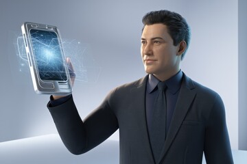 Poster - Businessman interacts with a futuristic tablet displaying a network of connections.