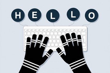Poster - Gloved hands type 'HELLO' on a keyboard, symbolizing online communication or hacking.