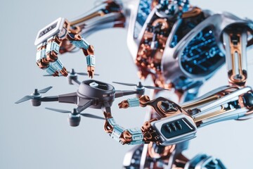 Poster - A robotic arm delicately manipulates a small drone, showcasing advanced automation and technology.
