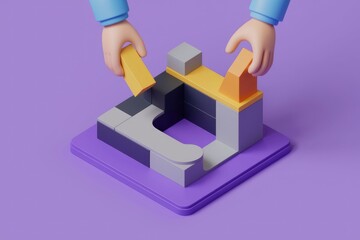 Aufkleber - 3D rendered image of hands assembling colorful blocks into a structure, representing problem-solving and creative construction.