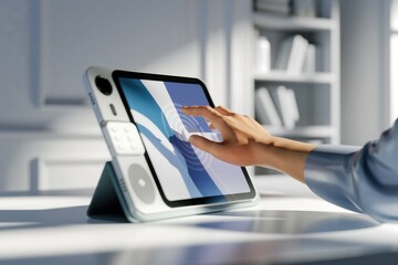 Poster - A hand interacts with a futuristic tablet's intuitive interface, showcasing modern technology.