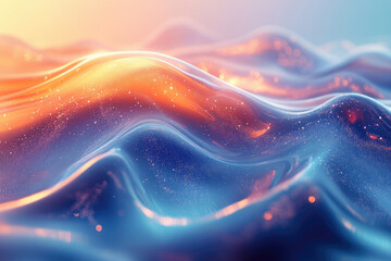 Poster - Abstract art depicting flowing, luminous waves in shades of blue and orange, shimmering with particles.
