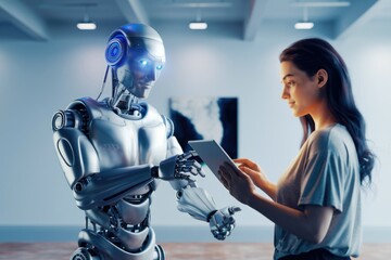 Poster - A woman interacts with a sophisticated humanoid robot, utilizing a tablet for communication and collaboration.