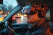 © typepng - Man in car wearing VR headset interacting with a virtual augmented reality driving interface, selecting options with a pointing finger on the simulation projection holographical information display