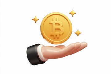 Poster - A golden Bitcoin coin rests gently in an outstretched hand, symbolizing digital currency and wealth.