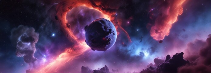 Dark nebula with vibrant purple glow amidst swirling red and blue gas clouds, universe background, clouds, astronomy