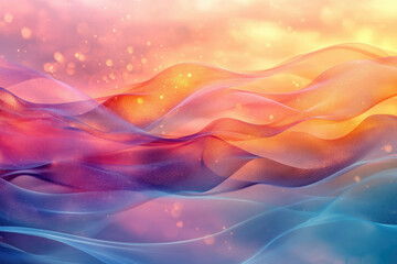 Poster - Abstract art depicting flowing, translucent waves in vibrant sunset hues with sparkling bokeh.
