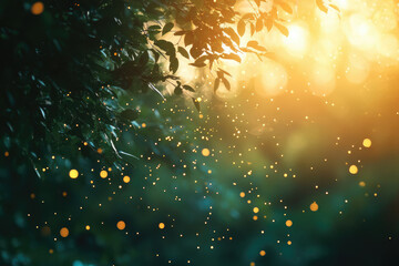 Poster - Magical sunset scene with fireflies illuminating lush green leaves.