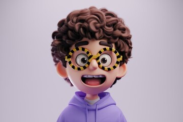 Poster - A cheerful 3D rendered cartoon boy with curly brown hair, wearing purple hoodie and striped glasses.