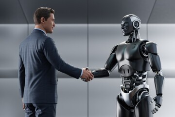 Poster - A businessman shakes hands with a sophisticated robot, symbolizing collaboration between humans and AI in the future of work.