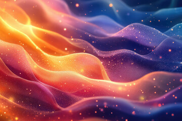 Poster - Abstract art depicting glittering, flowing waves in vibrant orange, red, and blue hues.