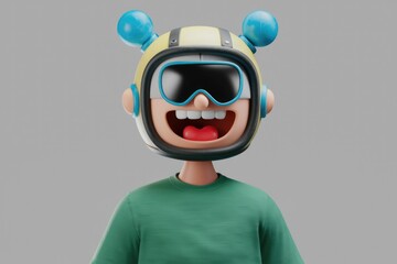 Aufkleber - A cheerful 3D cartoon character wearing a helmet and goggles, smiling broadly.